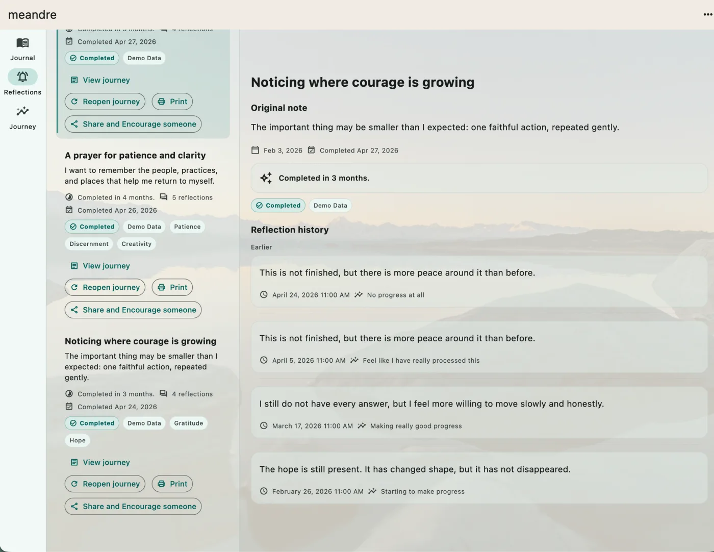 Meandre desktop preview showing reflection history and journal journeys.